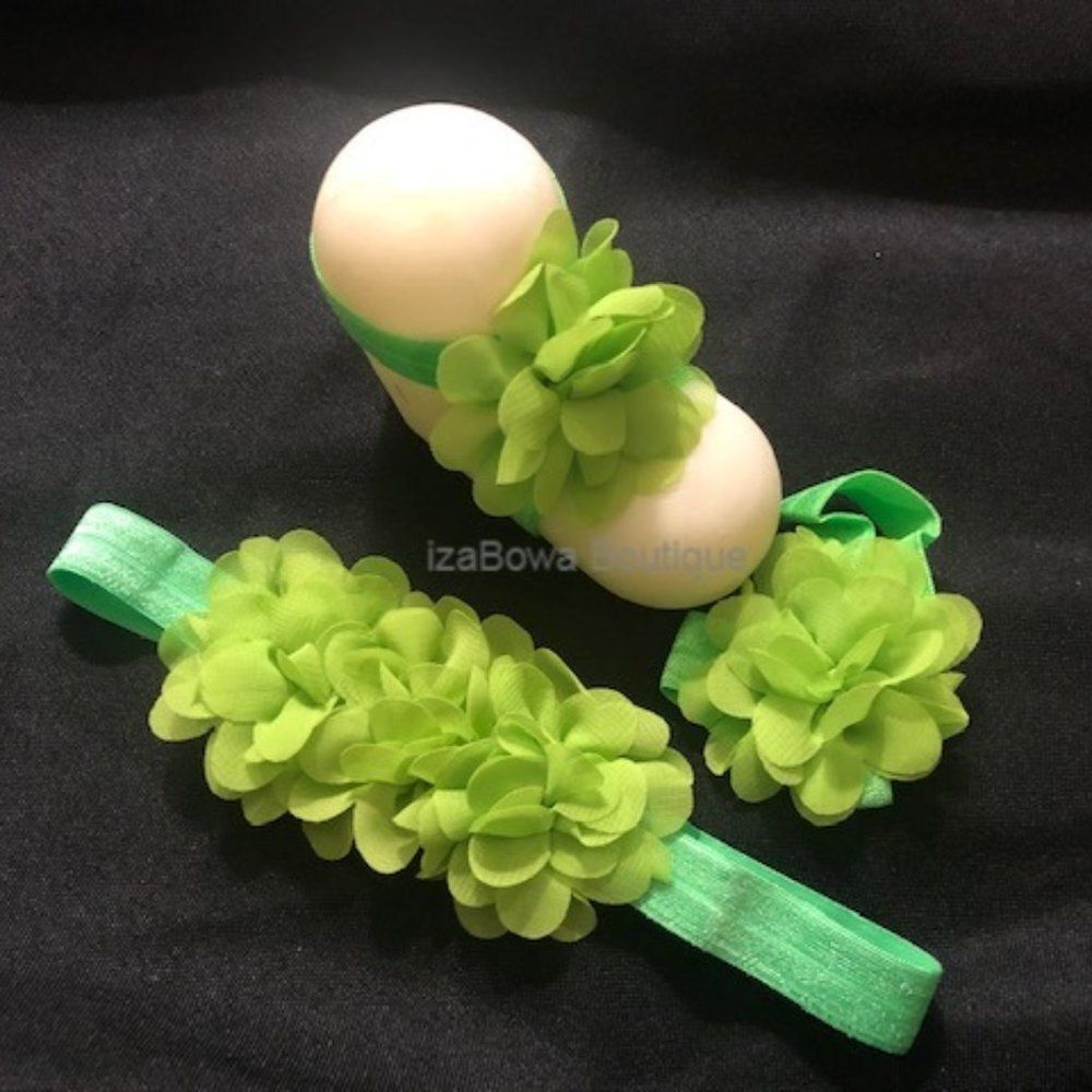 Green Mum Trio Flower Barefoot Sandal & Headband Set 3SETGRN   HANDMADE  Boutiqu